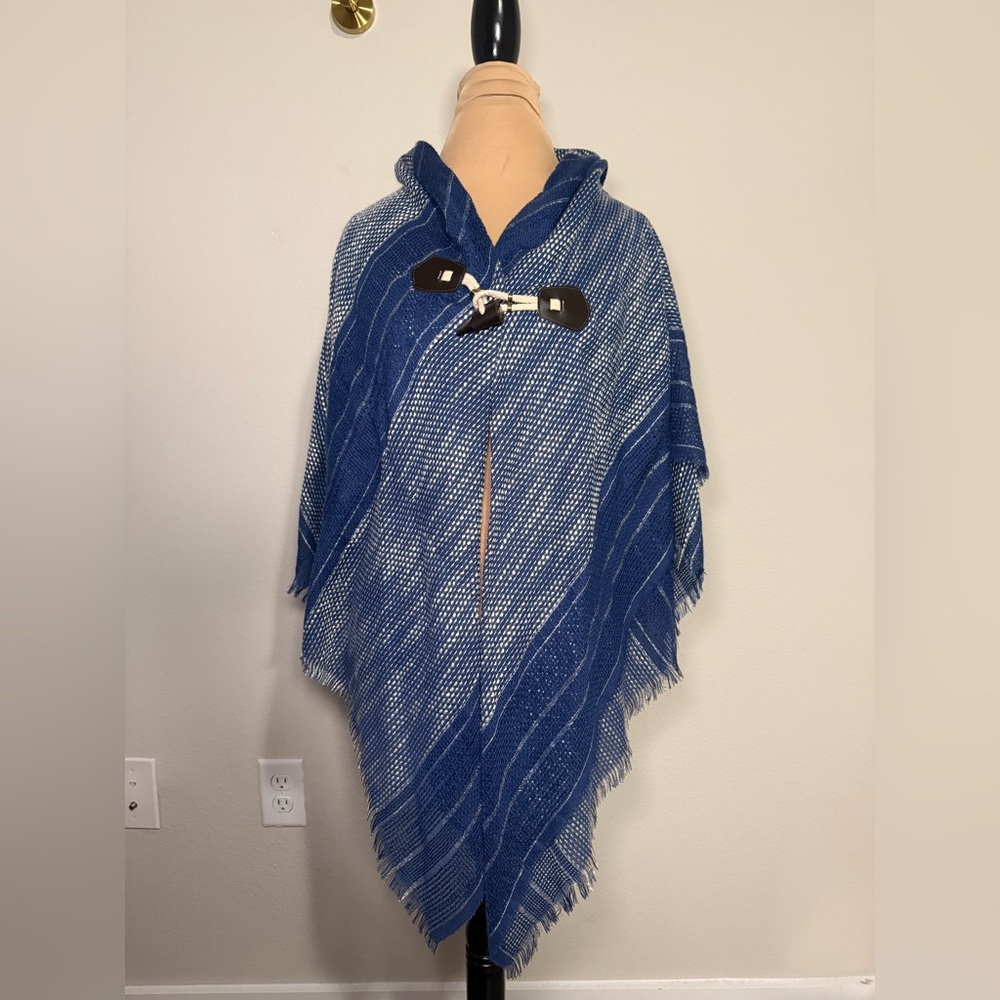 Blue Woven Hooded Poncho with Toggle Closure